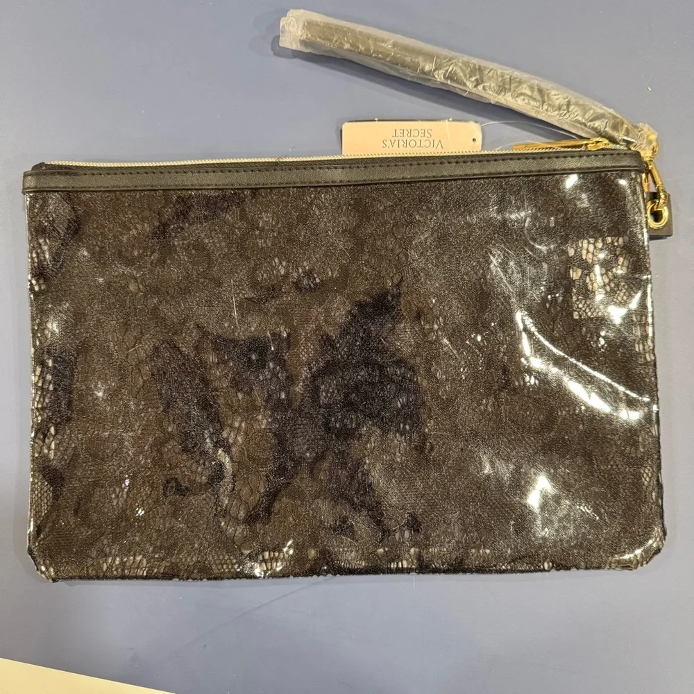 NWT Victoria's Secret Zippered Makeup Cosmetics Purse - Black Lace Plastic